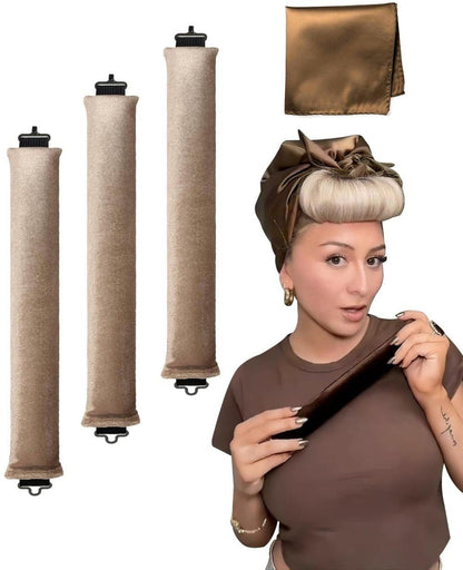 4-Piece Heat-Free Hair Curlers, Flexible No-Heat Hair Rollers with Hook, Brown, 4-Piece.