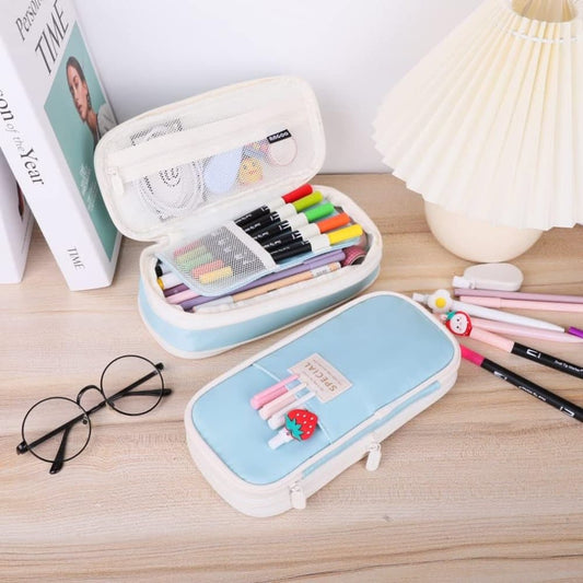 Blue Foldable Multifunctional Zipper Pencil Case, Large Capacity Travel Organizer