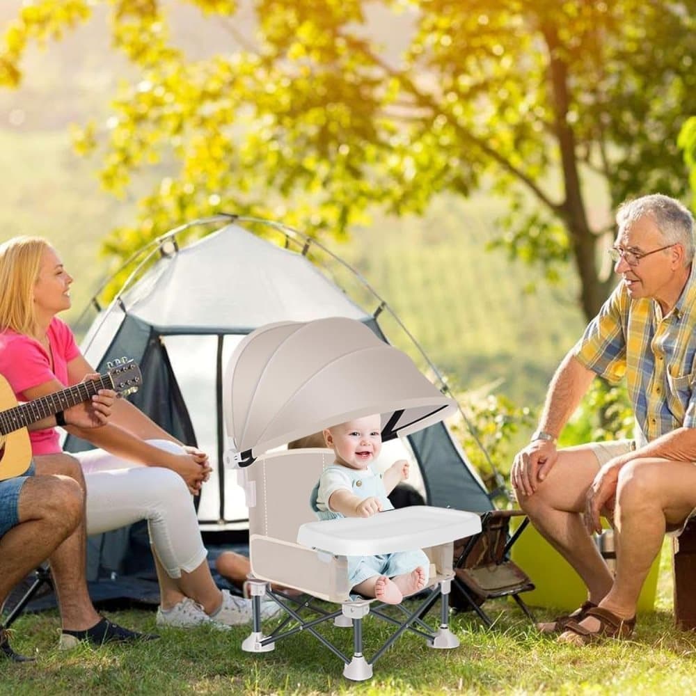 Foldable Highchair for Children with Sunshade and Removable Food Tray, Portable, Beige
