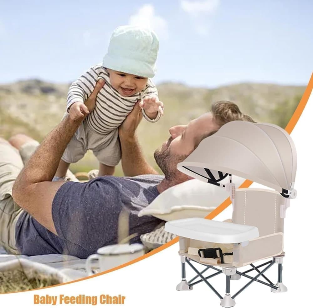 Foldable Highchair for Children with Sunshade and Removable Food Tray, Portable, Beige