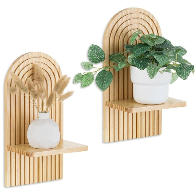 2 Bohemian Style Wooden Wall Shelves with Expander Bolts, Compatible with Living Rooms Bedrooms Kitchens, Brown Hover Image