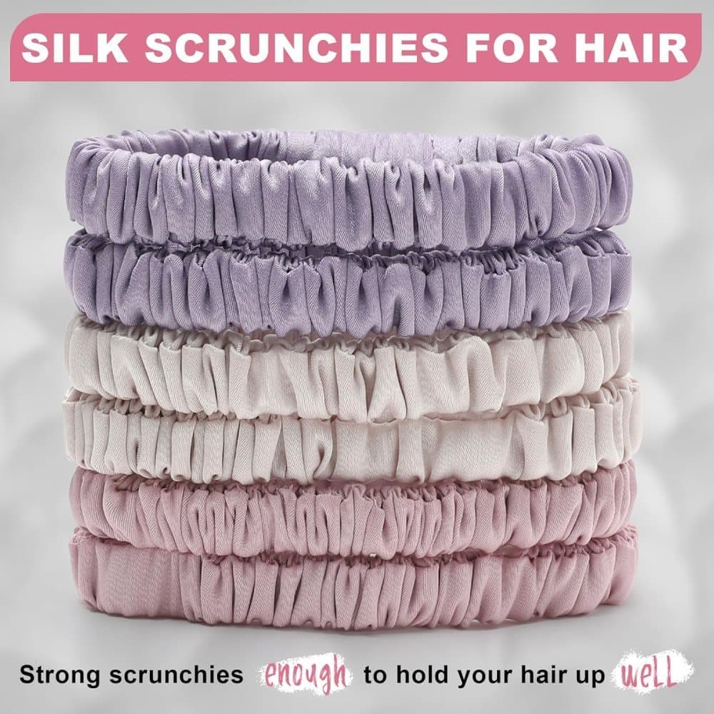 6-Pack Silk Scrunchies Hair Bands 100% Mulberry Silk Gentle No Damage High Elasticity, 16 Momme.