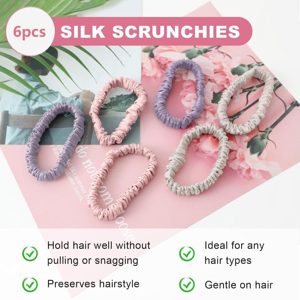 6-Pack Silk Scrunchies Hair Bands 100% Mulberry Silk Gentle No Damage High Elasticity, 16 Momme.