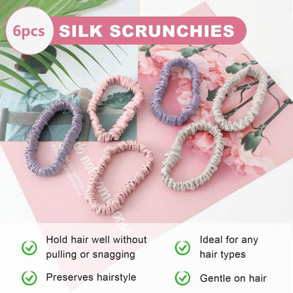 6-Pack Silk Scrunchies Hair Bands 100% Mulberry Silk Gentle No Damage High Elasticity, 16 Momme.