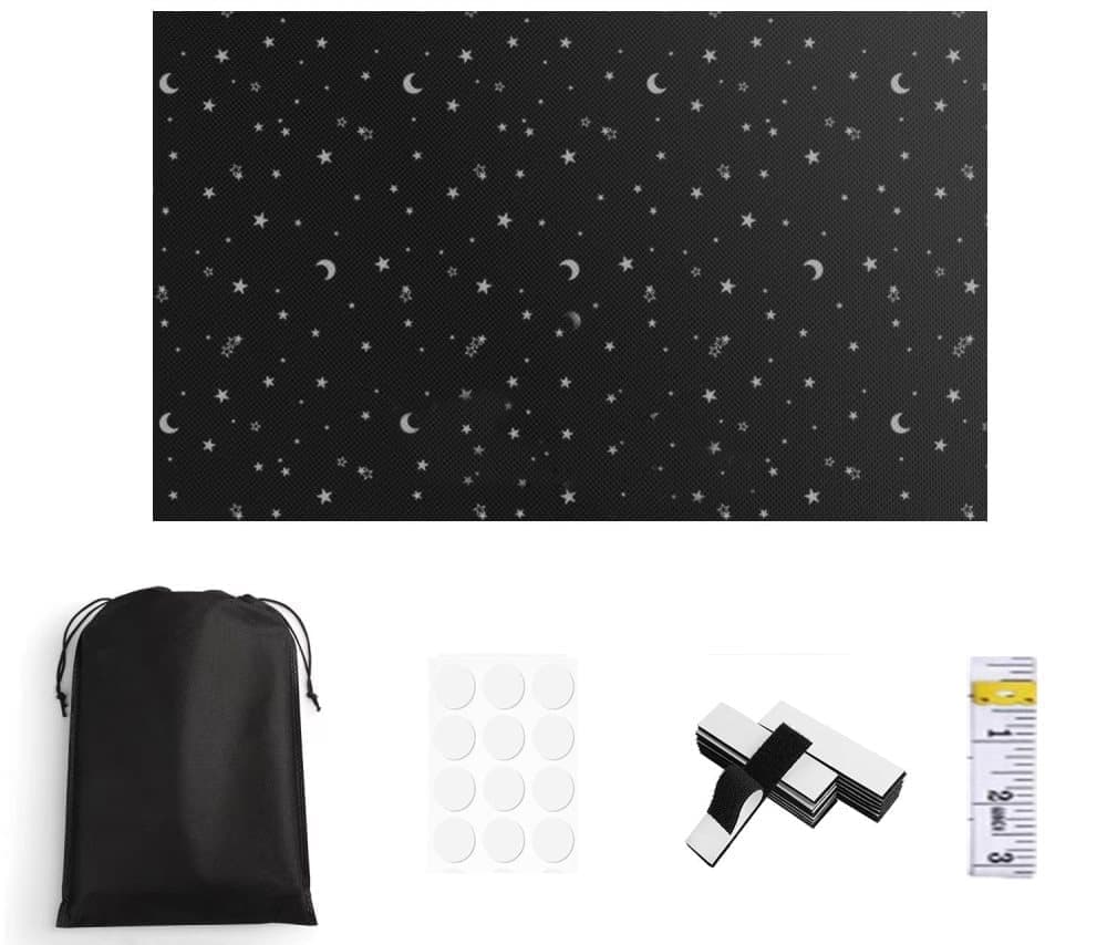 100% Blackout Curtain DIY Portable No-Drill UV Protection Star Moon Print, 145×200cm