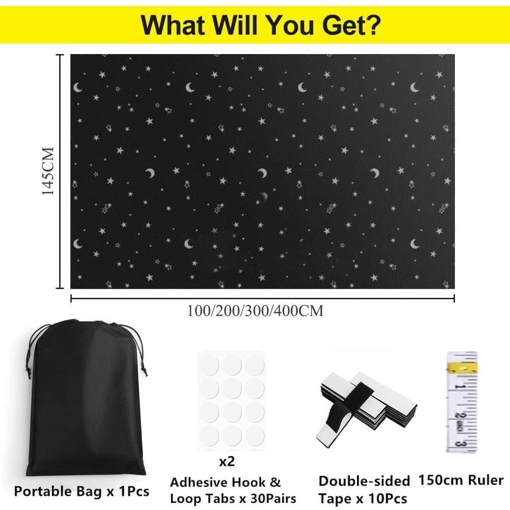 100% Blackout Curtain DIY Portable No-Drill UV Protection Star Moon Print, 145×200cm