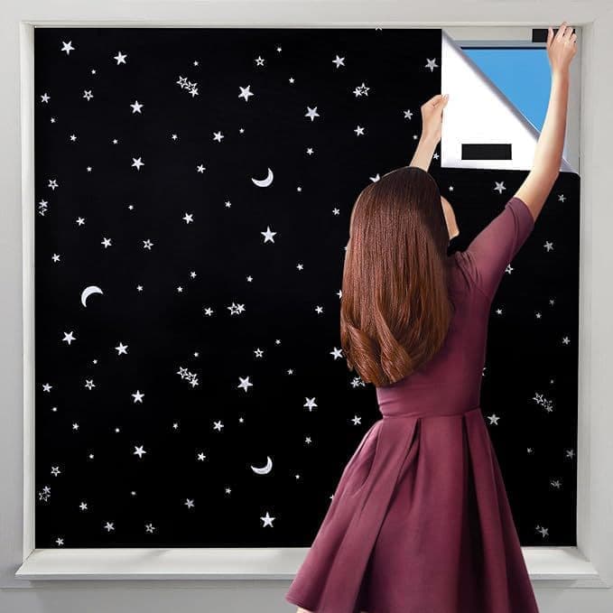 Blackout Curtain DIY Portable No-Drill UV Protection Star and Moon Print, 145×300cm