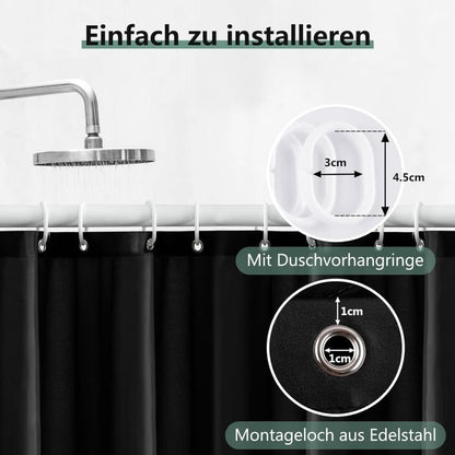 1 Reinforced PEVA Shower Curtain Waterproof Mildew Resistant Quick-Drying, 180x180cm, Black