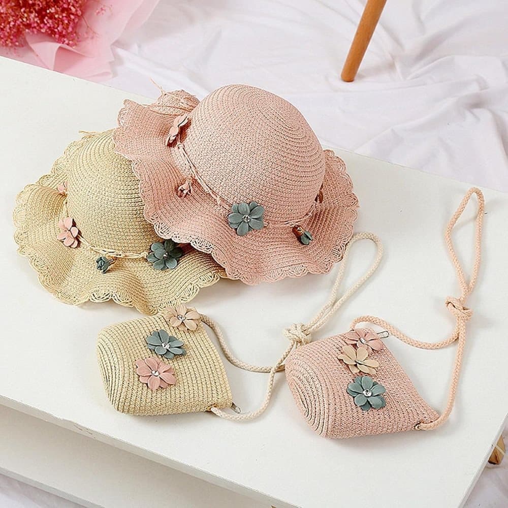 Girls Straw Hat and Shoulder Bag Set for Summer Beach Travel Outdoor Play, Wood