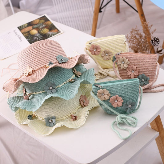 Girls Straw Hat and Shoulder Bag Set for Summer Beach Travel Outdoor Play, Khaki