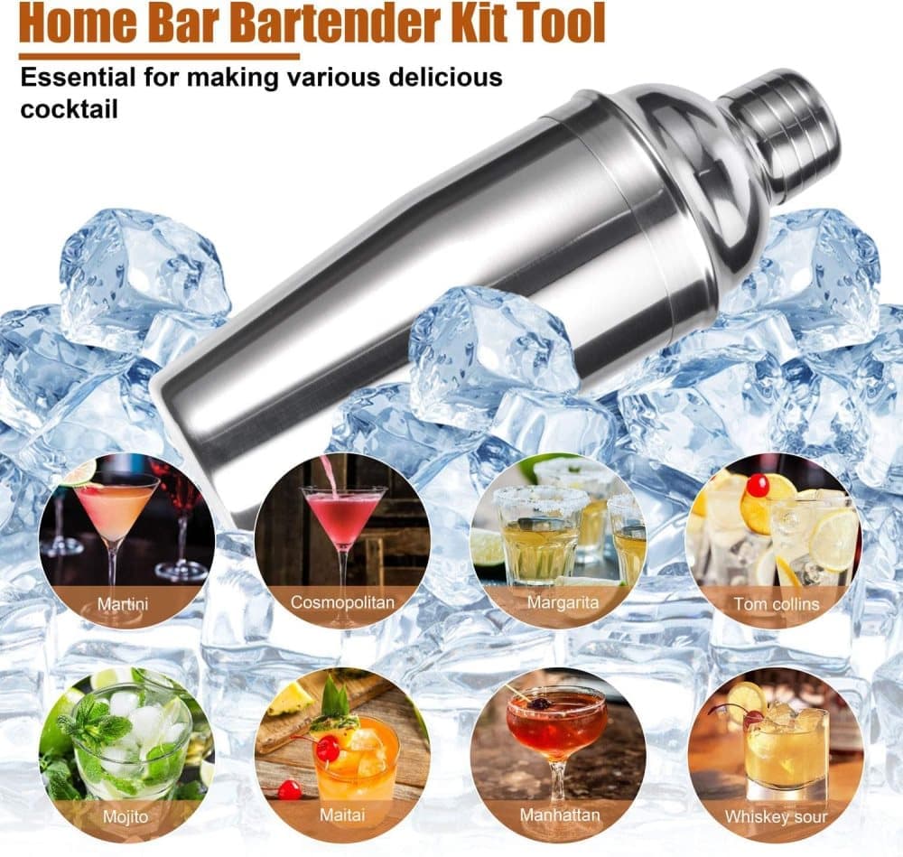 12-Piece Stainless Steel Cocktail Set with Bamboo Stand, Silver, Perfect Gift for Home Bar