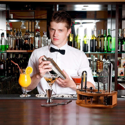 12-Piece Stainless Steel Cocktail Set with Bamboo Stand, Silver, Perfect Gift for Home Bar