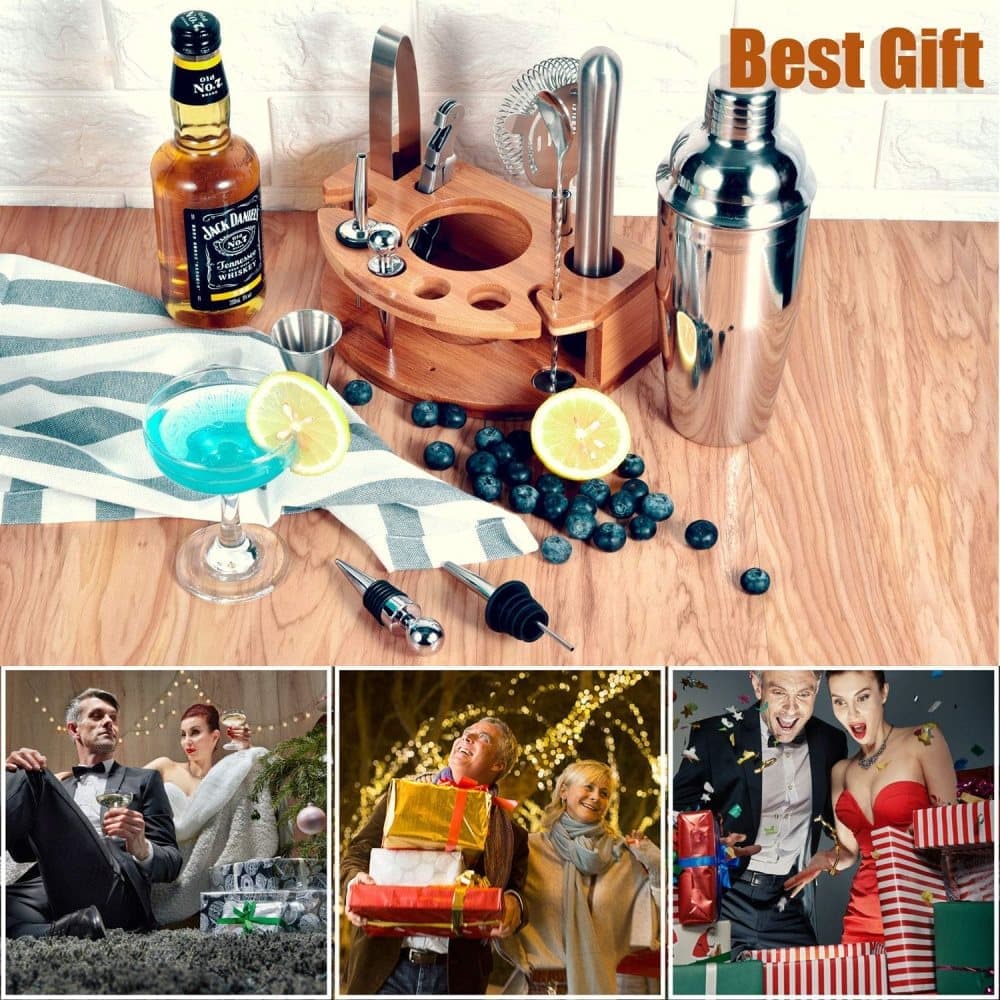 12-Piece Stainless Steel Cocktail Set with Bamboo Stand, Silver, Perfect Gift for Home Bar