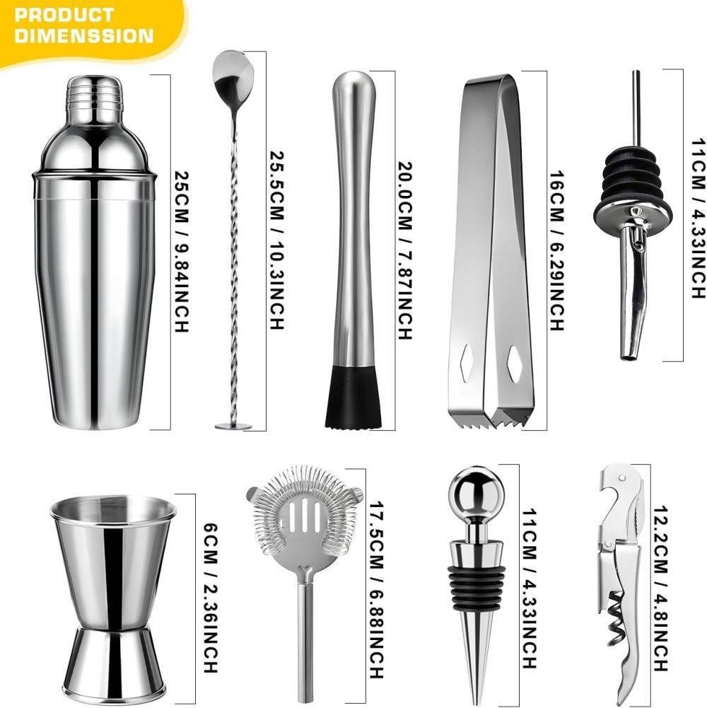 12-Piece Stainless Steel Cocktail Set with Bamboo Stand, Silver, Perfect Gift for Home Bar