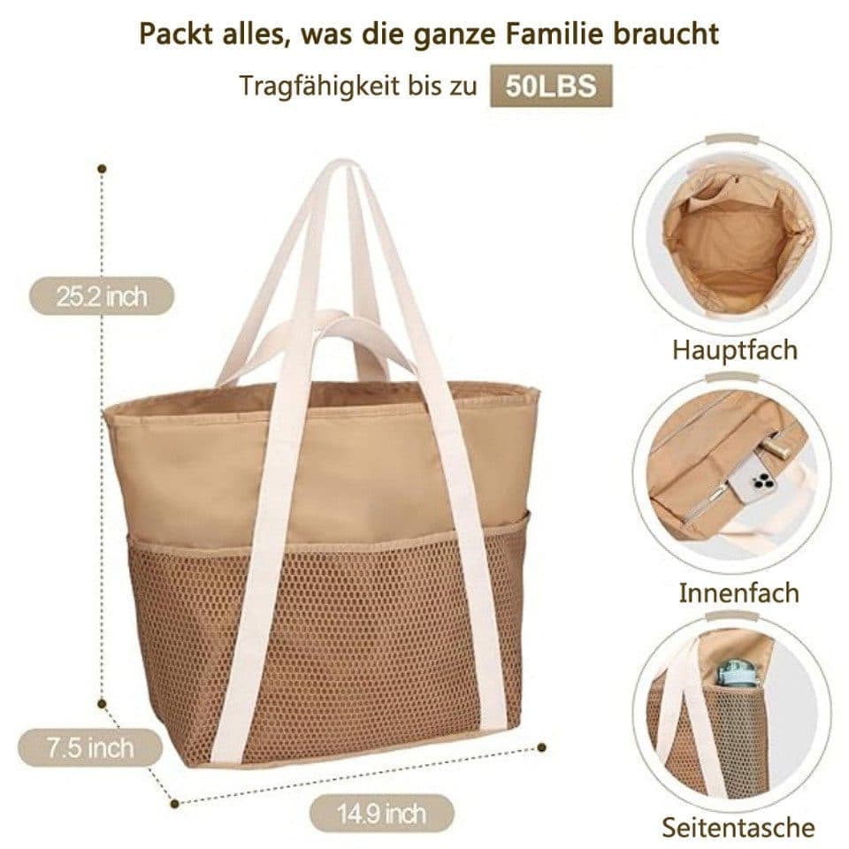 Waterproof Beach Bag for Women with Zipper Sand-Resistant Design Shoulder Strap, Perfect for Beach and Travel, Brown