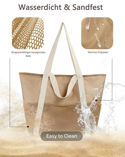 Waterproof Beach Bag for Women with Zipper Sand-Resistant Design Shoulder Strap, Perfect for Beach and Travel, Brown