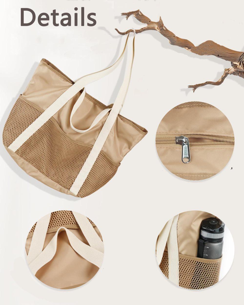 Waterproof Beach Bag for Women with Zipper Sand-Resistant Design Shoulder Strap, Perfect for Beach and Travel, Brown