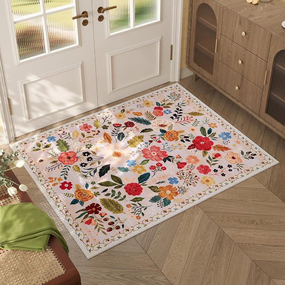 Bohemian Floral Doormat Non-slip Absorbent Dirt-Resistant Machine Washable for Bathroom Hallway and Kitchen, 60x90cm, Beige
