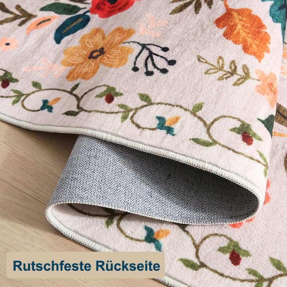 Bohemian Floral Doormat Non-slip Absorbent Dirt-Resistant Machine Washable for Bathroom Hallway and Kitchen, 60x90cm, Beige