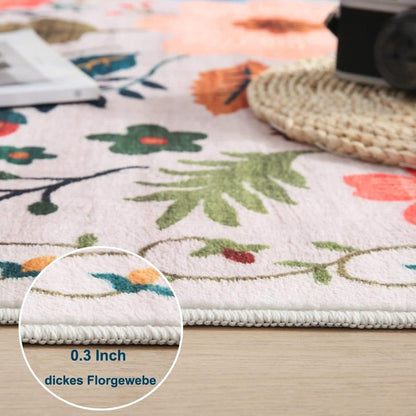 Bohemian Floral Doormat Non-slip Absorbent Dirt-Resistant Machine Washable for Bathroom Hallway and Kitchen, 60x90cm, Beige
