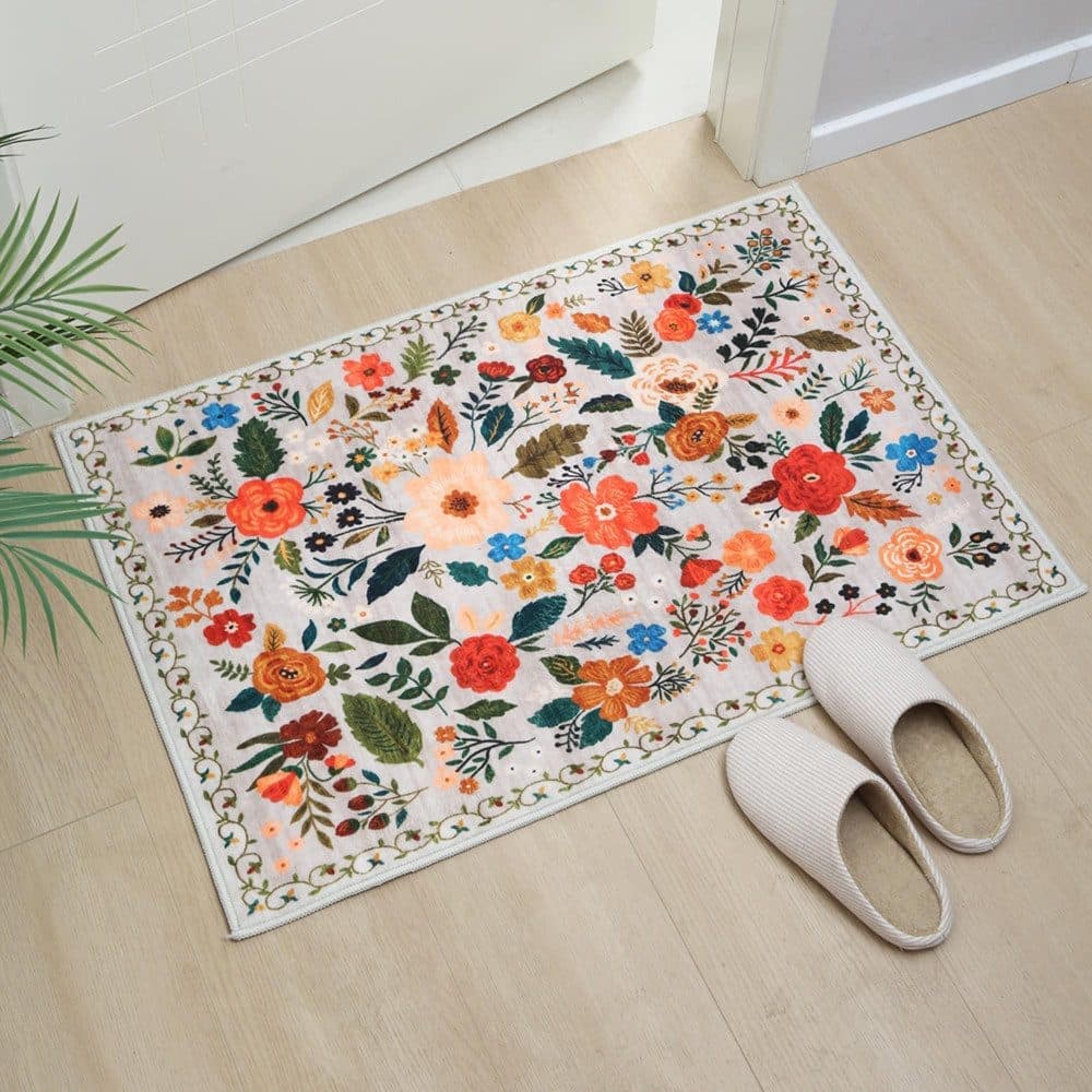Bohemian Floral Doormat Non-slip Absorbent Dirt-Resistant Machine Washable for Bathroom Hallway and Kitchen, 60x90cm, Beige