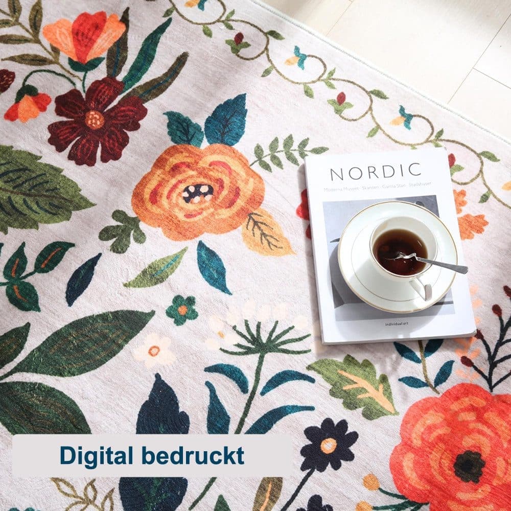 Bohemian Floral Doormat Non-slip Absorbent Dirt-Resistant Machine Washable for Bathroom Hallway and Kitchen, 60x90cm, Beige