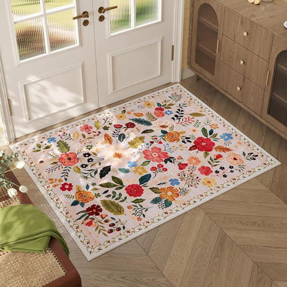 Bohemian Floral Doormat Non-slip Absorbent Dirt-Resistant Machine Washable, 60x90 cm, Beige