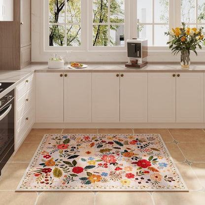 Bohemian Floral Doormat Non-slip Absorbent Dirt-Resistant Machine Washable, 60x90 cm, Beige