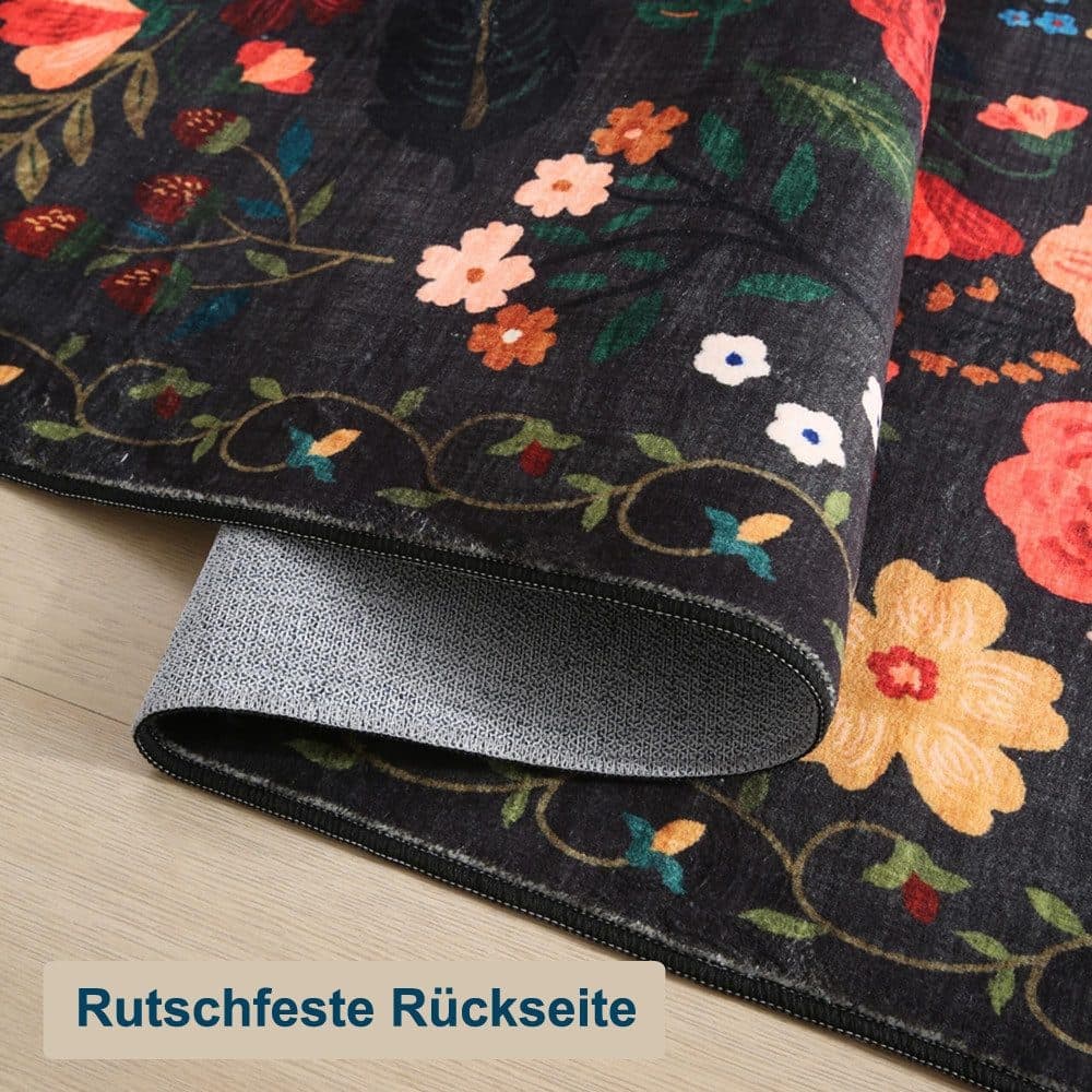 Bohemian Floral Doormat Non-slip Absorbent Dirt-Resistant Machine Washable for Bathroom Hallway and Kitchen, 50x80cm, Black