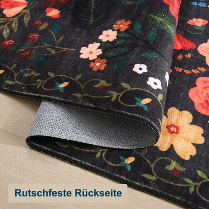Bohemian Floral Doormat Non-slip Absorbent Dirt-Resistant Machine Washable for Bathroom Hallway and Kitchen, 50x80cm, Black