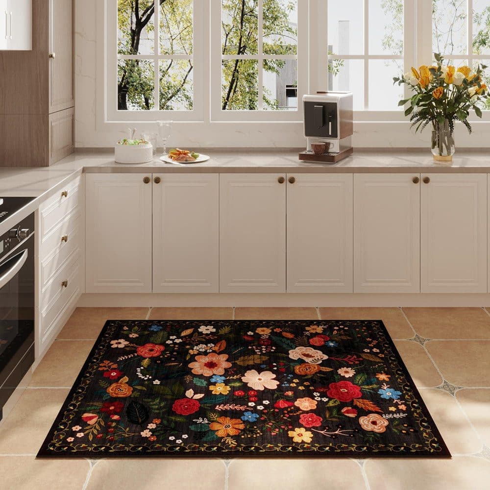 Bohemian Floral Doormat Non-slip Absorbent Dirt-Resistant Machine Washable for Bathroom Hallway and Kitchen, 50x80cm, Black