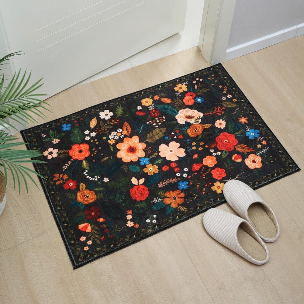 Bohemian Floral Doormat Non-slip Absorbent Dirt-Resistant Machine Washable for Bathroom Hallway and Kitchen, 50x80cm, Black