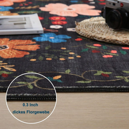 Bohemian Floral Doormat Non-slip Absorbent Dirt-Resistant Machine Washable for Bathroom Hallway and Kitchen, 50x80cm, Black