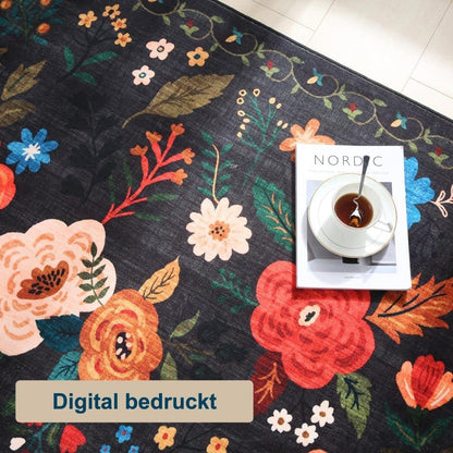 Bohemian Floral Doormat Non-slip Absorbent Dirt-Resistant Machine Washable for Bathroom Hallway and Kitchen, 50x80cm, Black