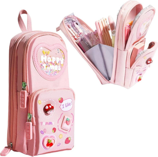 Pencil case with 3 compartments large capacity, cute design, pink, 1 piece