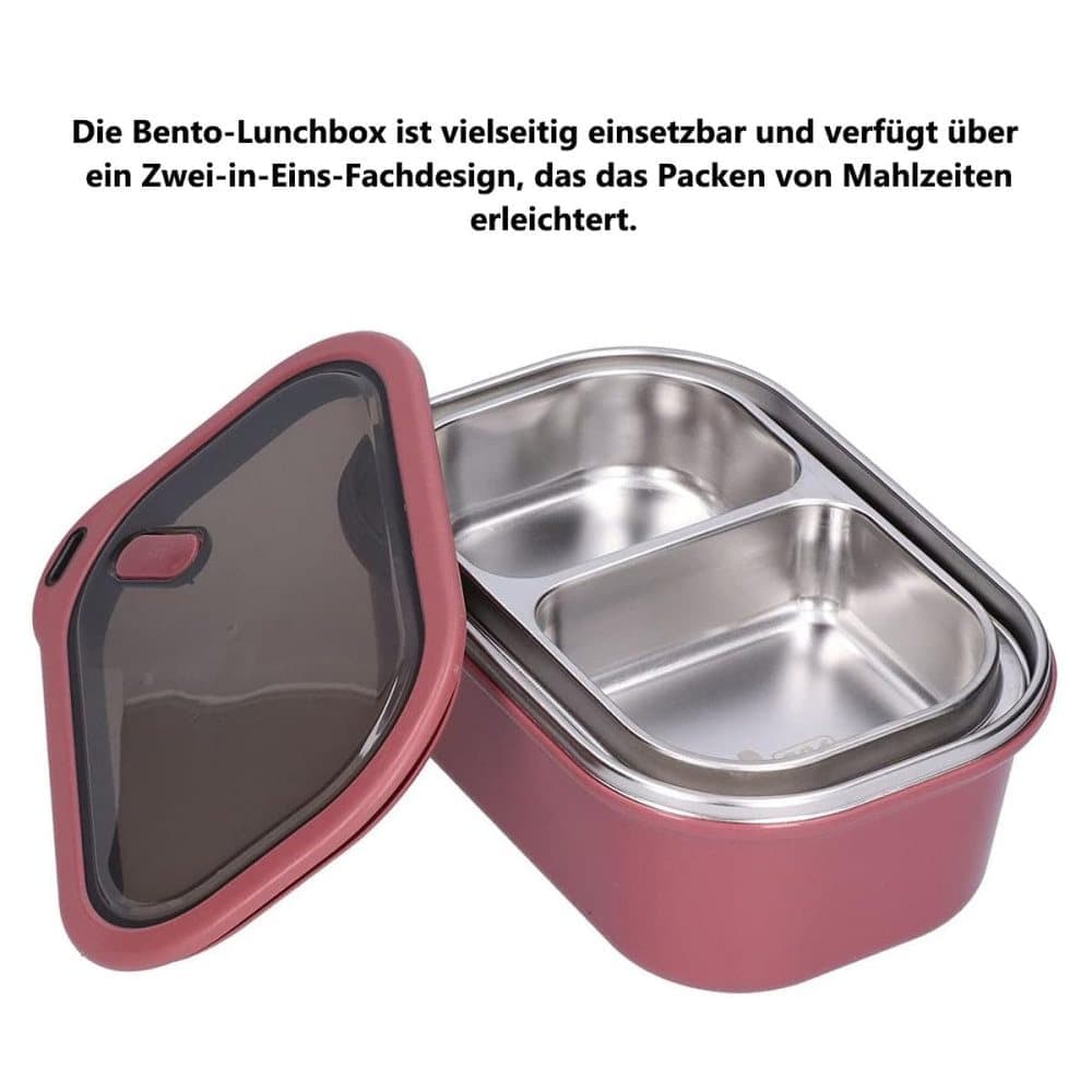 1200ml 2 Compartments Leak-Proof Stainless Steel Lunch Box with Spoon, 304 Stainless Steel, RED