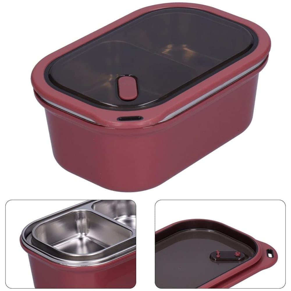 1200ml 2 Compartments Leak-Proof Stainless Steel Lunch Box with Spoon, 304 Stainless Steel, RED