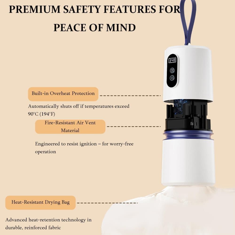 Portable dryer 360° hot air with drying bag, quiet operation, 30-240 minute timer, perfect for travel