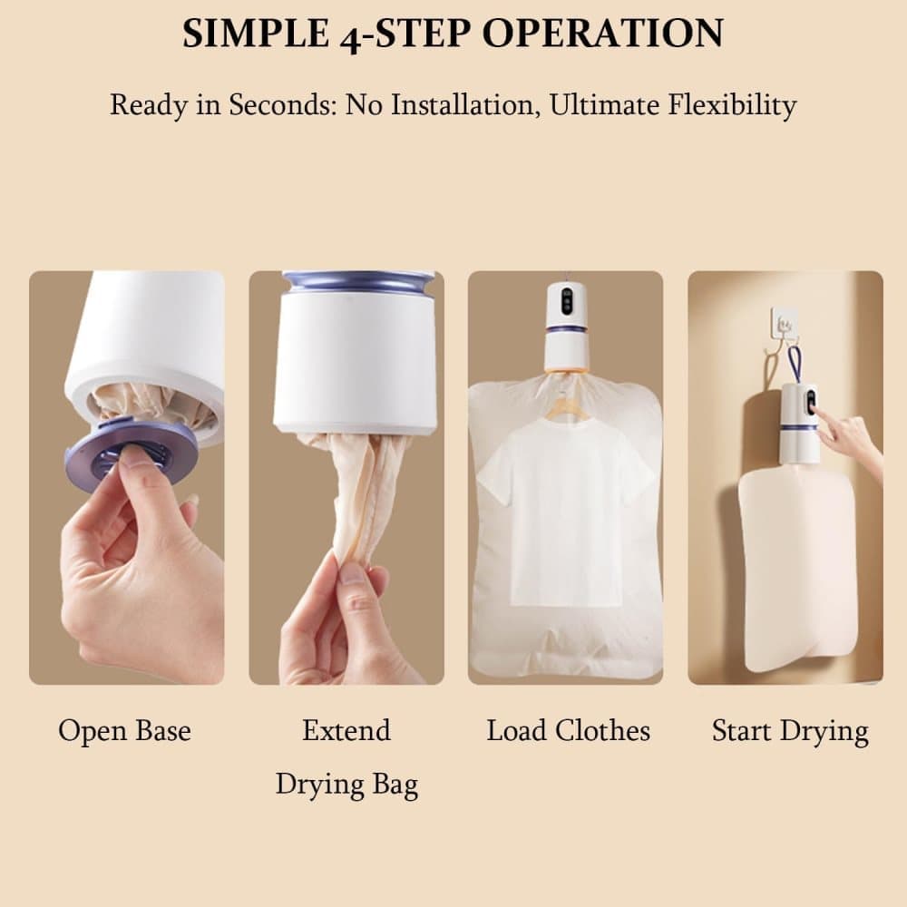 Portable dryer 360° hot air with drying bag, quiet operation, 30-240 minute timer, perfect for travel