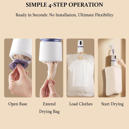 Portable dryer 360° hot air with drying bag, quiet operation, 30-240 minute timer, perfect for travel