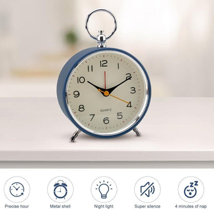 Silent Analog Alarm Clock with Snooze Button, Retro Design and Lighting, 16x11 cm, Blue