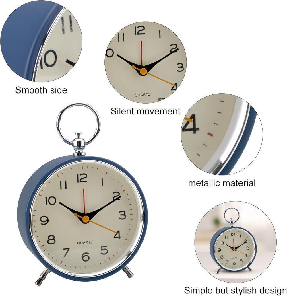 Silent Analog Alarm Clock with Snooze Button, Retro Design and Lighting, 16x11 cm, Blue