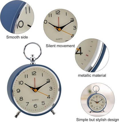 Silent Analog Alarm Clock with Snooze Button, Retro Design and Lighting, 16x11 cm, Blue