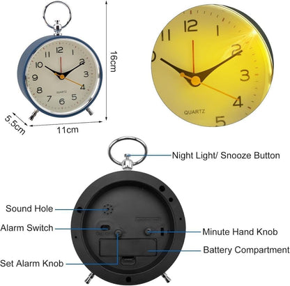 Silent Analog Alarm Clock with Snooze Button, Retro Design and Lighting, 16x11 cm, Blue