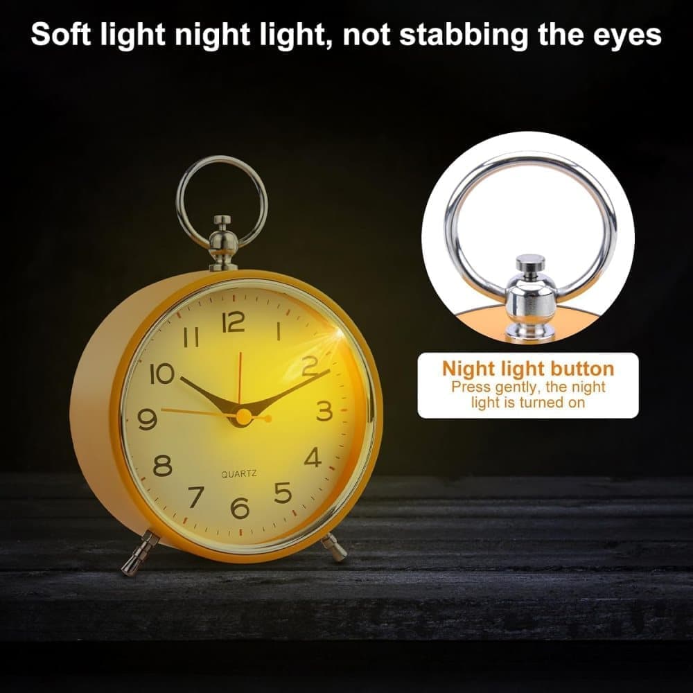 Silent Analog Alarm Clock with Snooze Button, Retro Design and Lighting, 16x11 cm, Orange