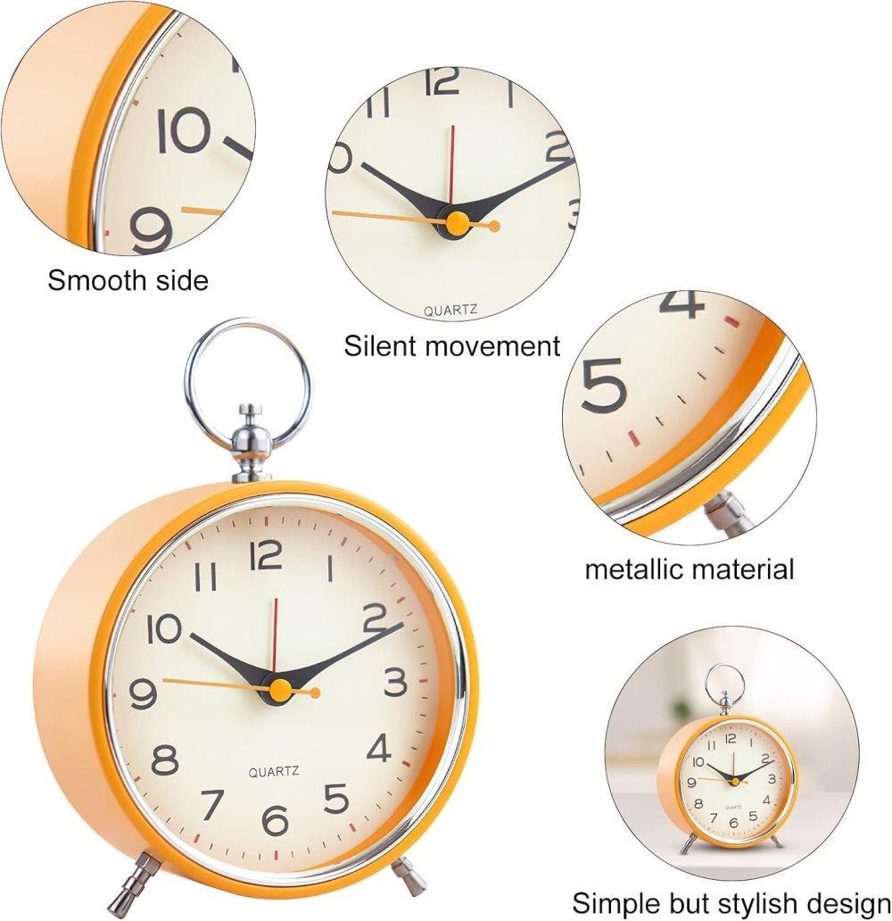 Silent Analog Alarm Clock with Snooze Button, Retro Design and Lighting, 16x11 cm, Orange