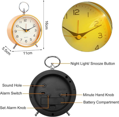 Silent Analog Alarm Clock with Snooze Button, Retro Design and Lighting, 16x11 cm, Orange