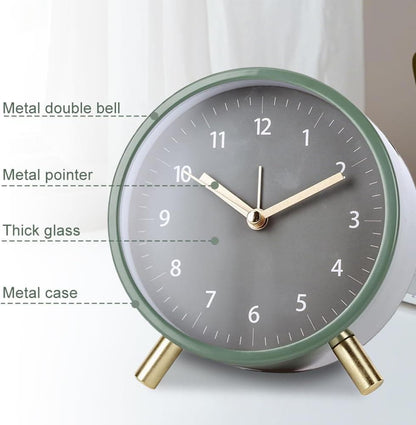 Silent Alarm Clock with Night Light and Backlight, Small Metal Clock for Bedroom Office Living Room, Green