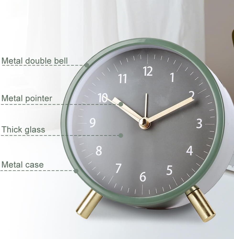 Silent Alarm Clock with Night Light and Backlight, Small Metal Clock for Bedroom Office Living Room, Green