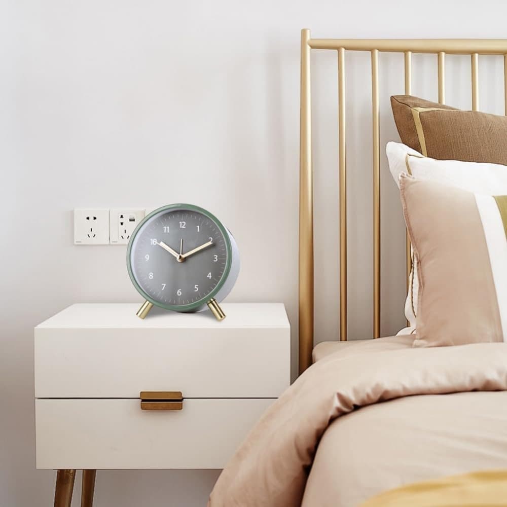 Silent Alarm Clock with Night Light and Backlight, Small Metal Clock for Bedroom Office Living Room, Green